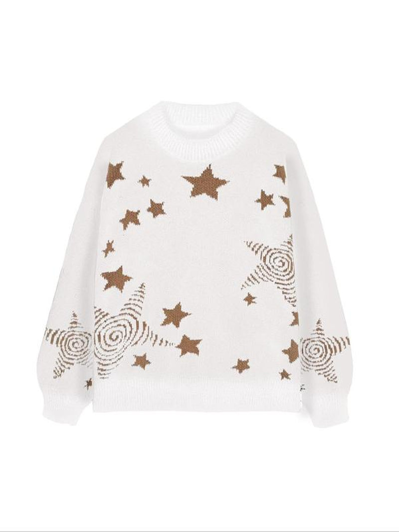 Women'S Star Print Drop Shoulder Sweater, Fashion Casual Long Sleeve round Neck Jumper for Fall & Winter, Ladies' Knitwear for Daily Wear, Sweaters for Women, Winter Clothes Women, Tops for Women, Experimental Outfits