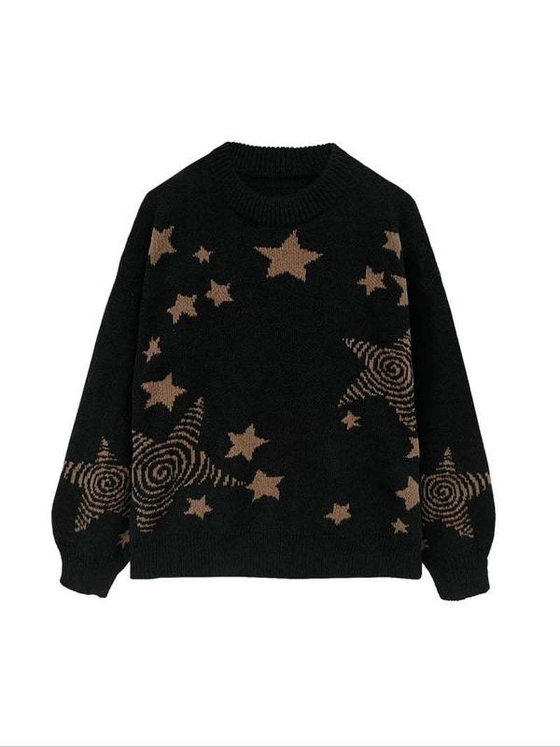 Women'S Star Print Drop Shoulder Sweater, Fashion Casual Long Sleeve round Neck Jumper for Fall & Winter, Ladies' Knitwear for Daily Wear, Sweaters for Women, Winter Clothes Women, Tops for Women, Experimental Outfits