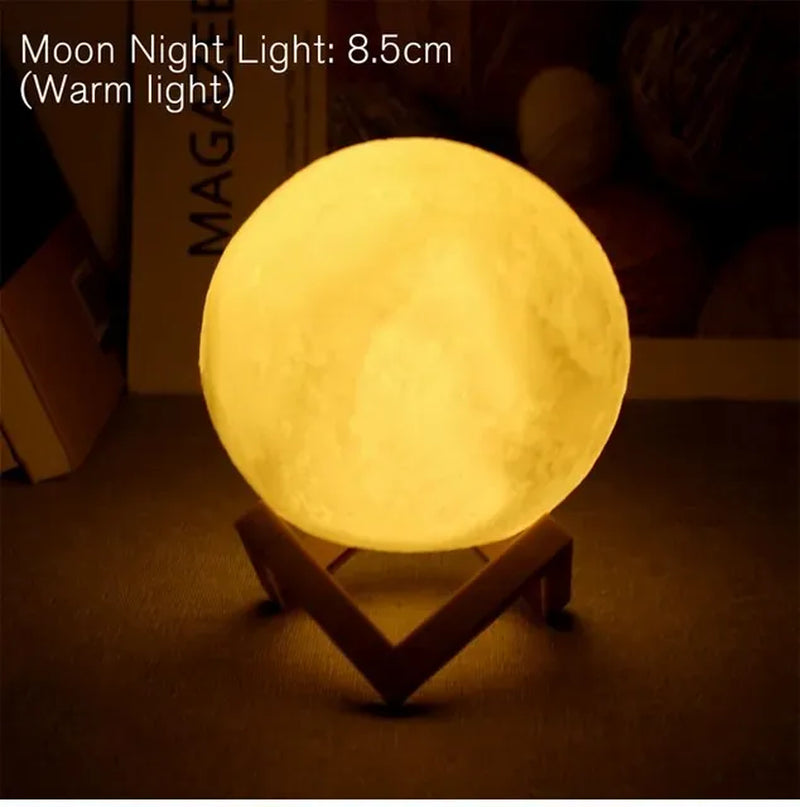 D5 8cm LED Moon Lamp with Stand - Battery-Powered Starry Night Light for Bedroom Decor, Ideal Gift for Kids and Christmas