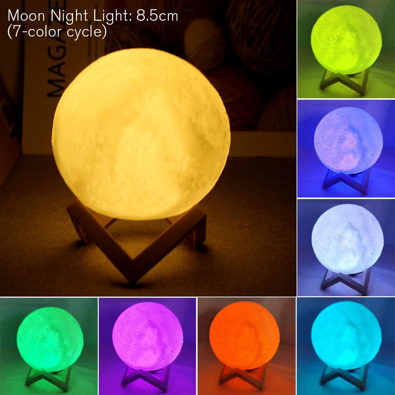 D5 8cm LED Moon Lamp with Stand - Battery-Powered Starry Night Light for Bedroom Decor, Ideal Gift for Kids and Christmas