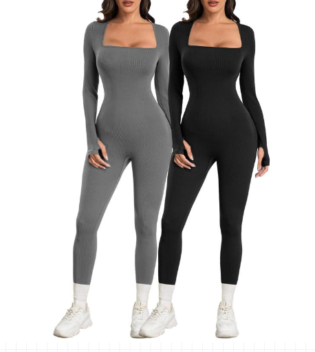 Women Yoga Jumpsuits Workout Ribbed Long Sleeve Sport Jumpsuits