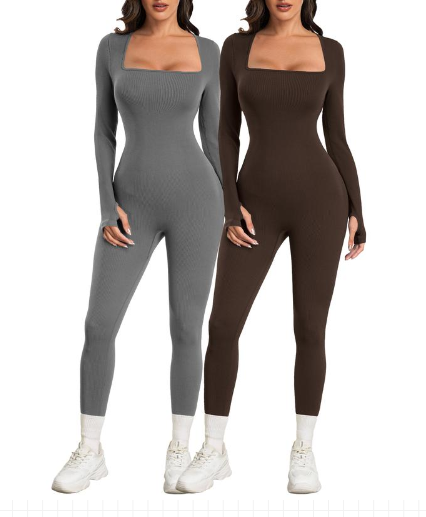 Women Yoga Jumpsuits Workout Ribbed Long Sleeve Sport Jumpsuits