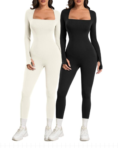 Women Yoga Jumpsuits Workout Ribbed Long Sleeve Sport Jumpsuits