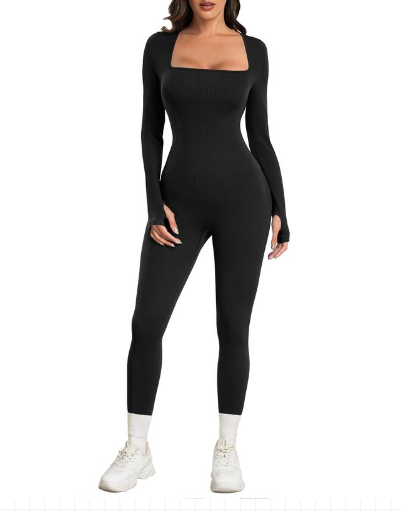 Women Yoga Jumpsuits Workout Ribbed Long Sleeve Sport Jumpsuits