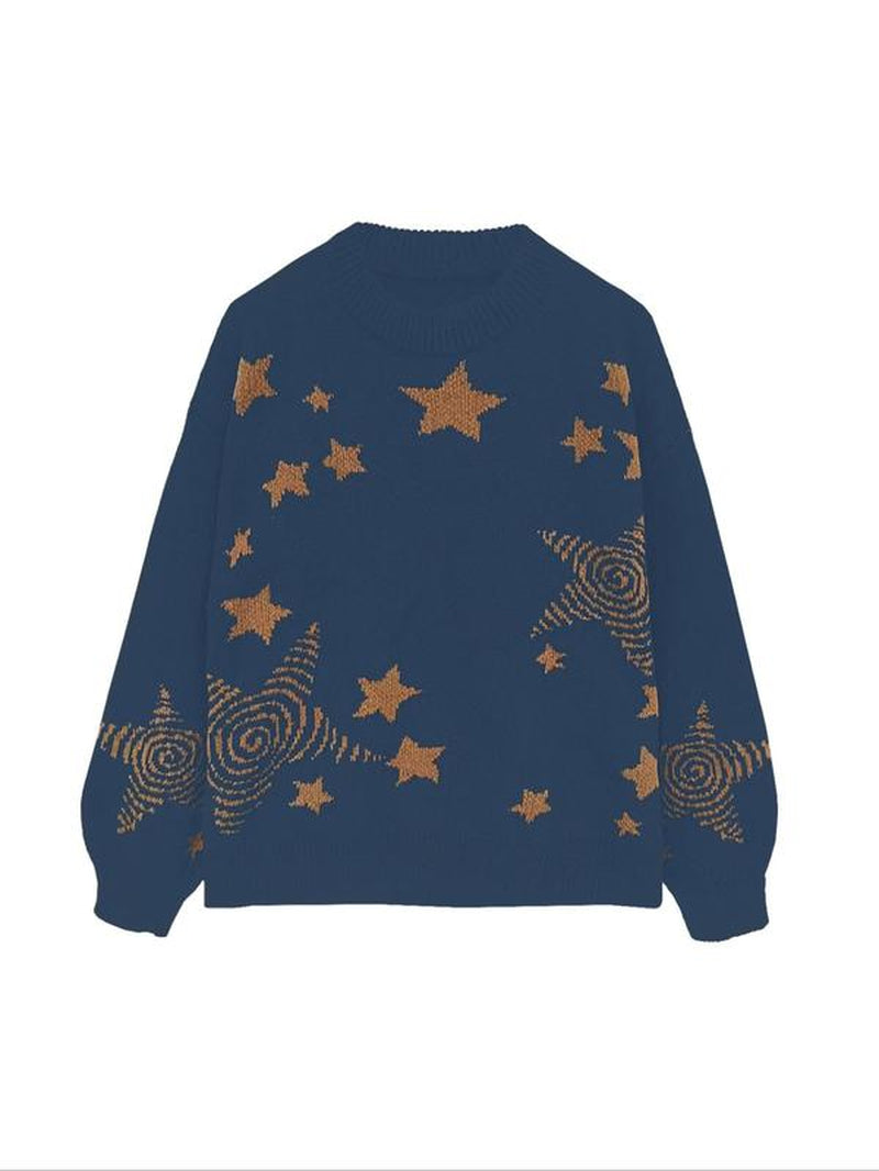 Women'S Star Print Drop Shoulder Sweater, Fashion Casual Long Sleeve round Neck Jumper for Fall & Winter, Ladies' Knitwear for Daily Wear, Sweaters for Women, Winter Clothes Women, Tops for Women, Experimental Outfits