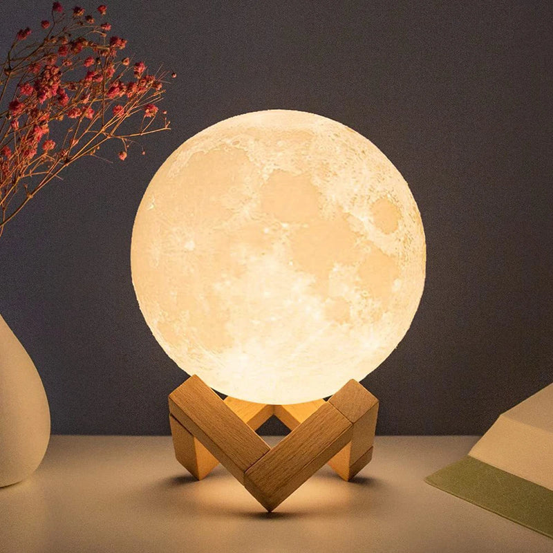 D5 8cm LED Moon Lamp with Stand - Battery-Powered Starry Night Light for Bedroom Decor, Ideal Gift for Kids and Christmas